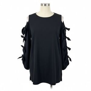 Du Jour Blouse Black Cold Shoulder Tunic‎ Top M Long Sleeve Tie Bow Accent Chic
